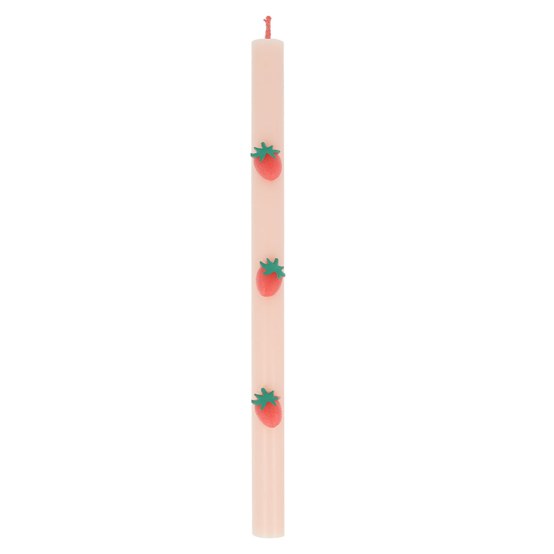 Our table candles, in a soft pink shade with wax strawberries and red wicks, are ideal as a host gift or a candle gift.