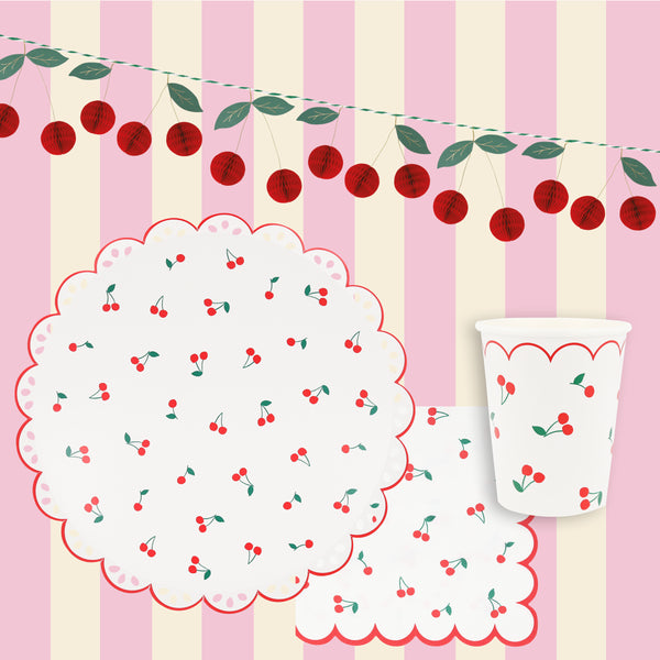 Use our special cherry party supplies for a vibrant look at your parties, our set includes paper plates, cups, napkins and a honeycomb garland. Image1