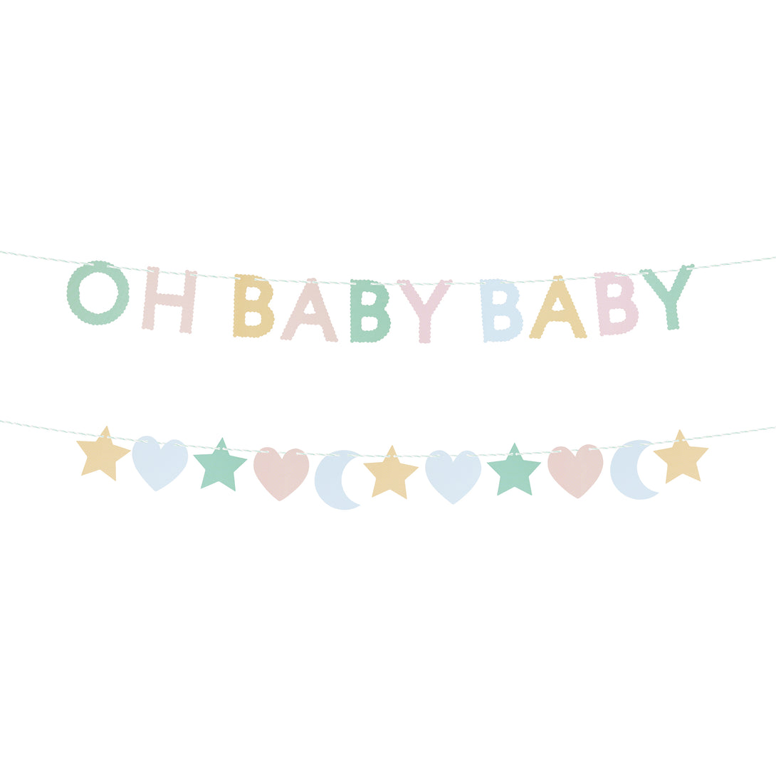 Our baby shower garland set features stars, moons, hearts and the words 'Oh Baby Baby', in pretty pastel colors.