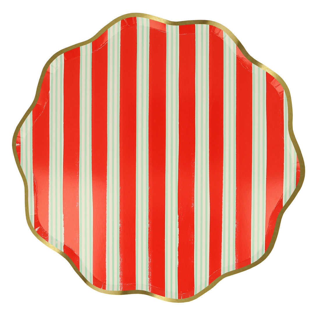 Our Christmas  paper plates feature stylish stripes in festive colors, wavy edges and shiny gold foil borders.