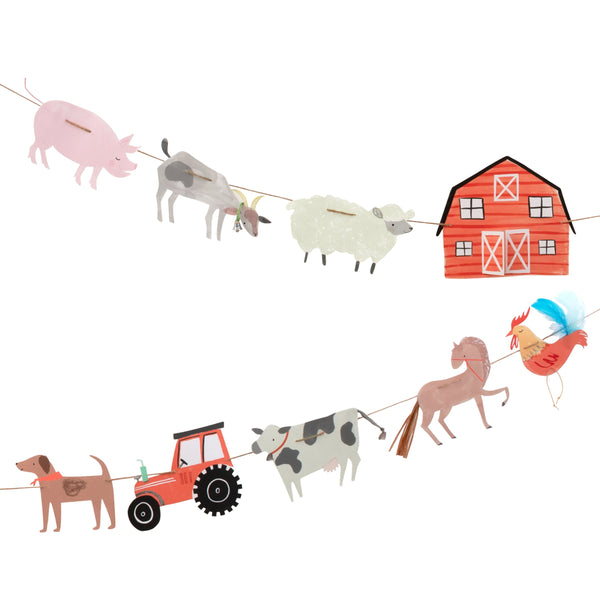 Our long party garland, featuring a tractor and farmyard animals, is perfect for a farm birthday party. Image1