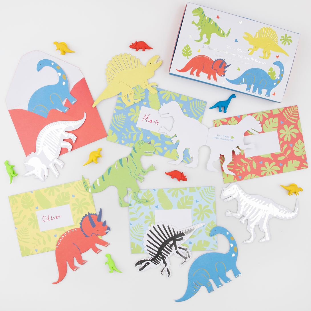 Our dinosaur cards team up with dinosaur erasers for a fun-filled Valentine's gift.