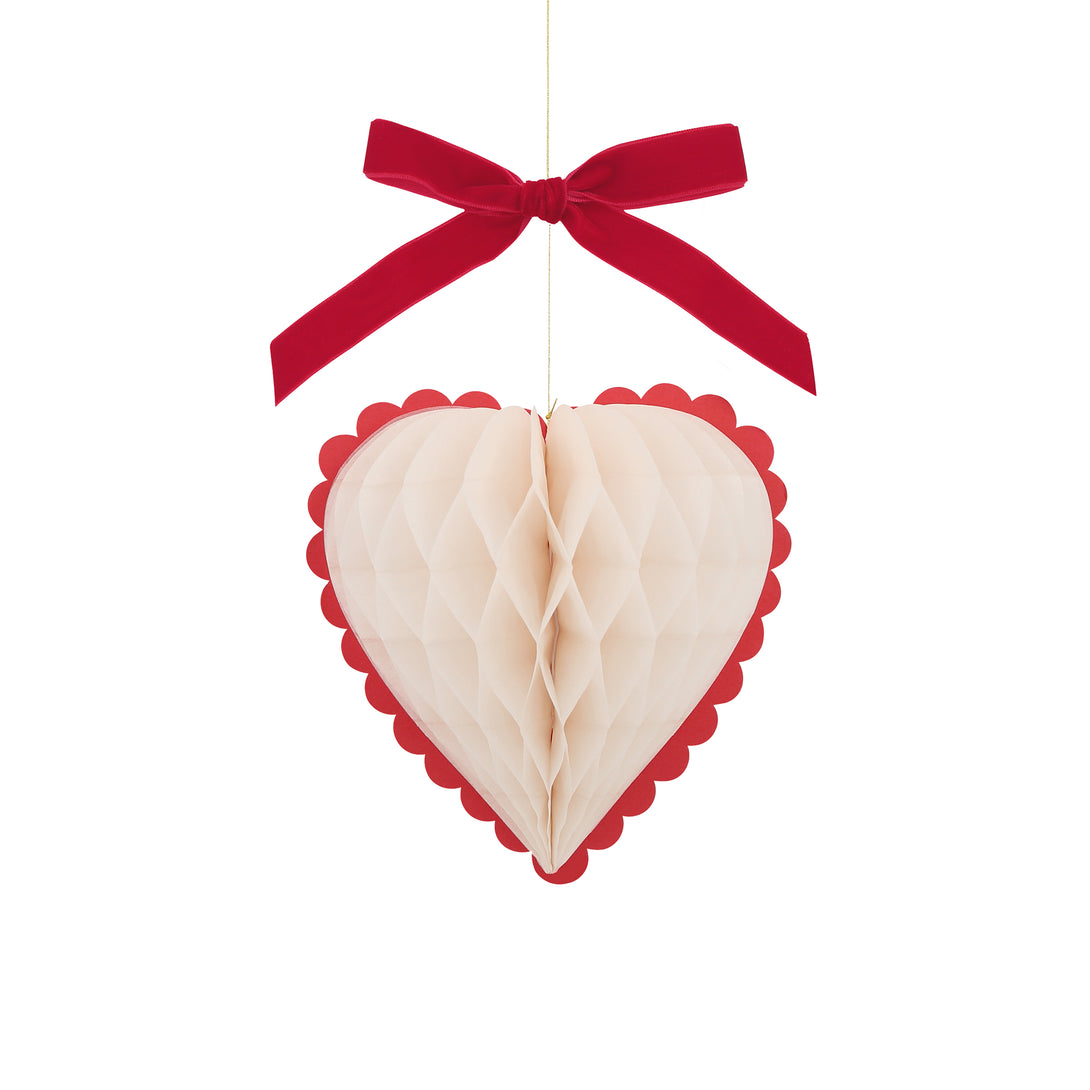 Our Valentine's hanging decorations, 3D honeycomb hearts in pink, red and cream with velvet ribbons, are perfect to set the scene for love