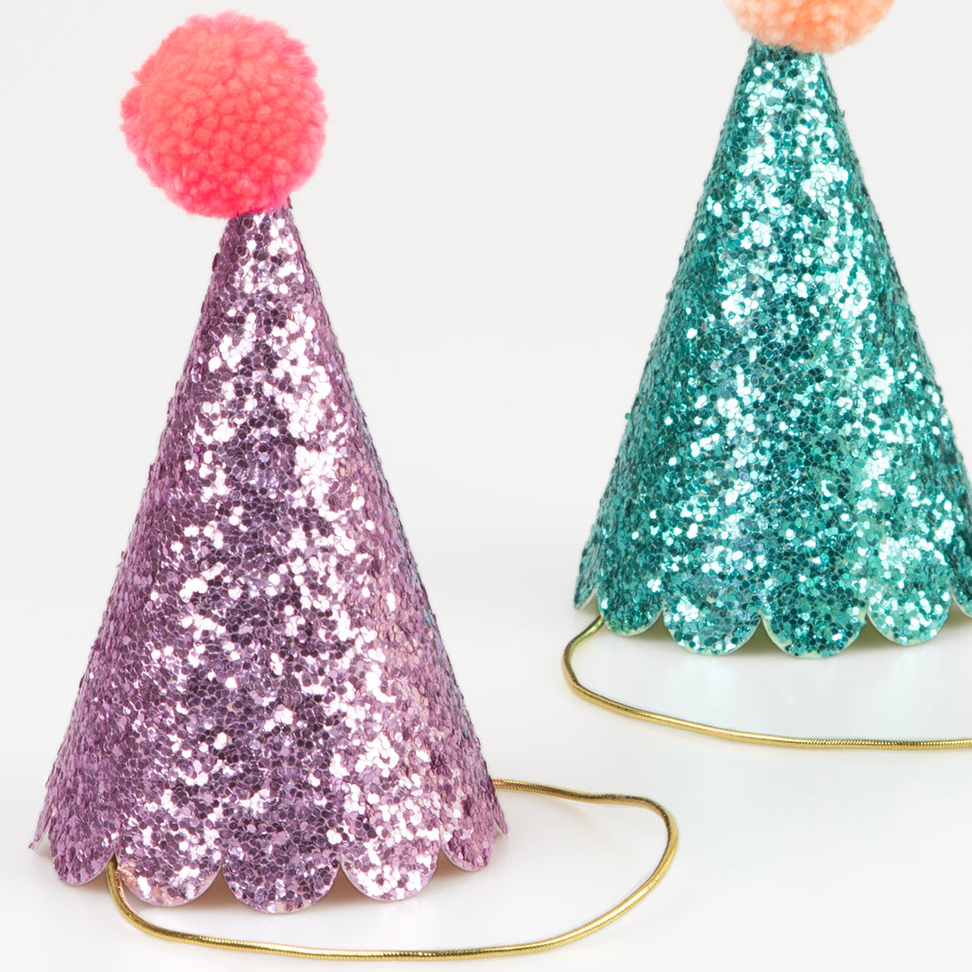 Our party hats have lots of shiny glitter for a party look.