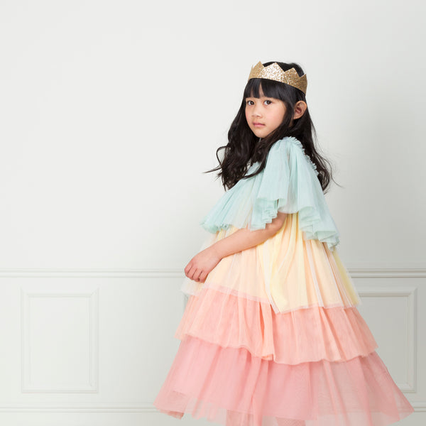 This princess costume for kids is made from colorful tulle layers and comes with a gold princess crown. Image3