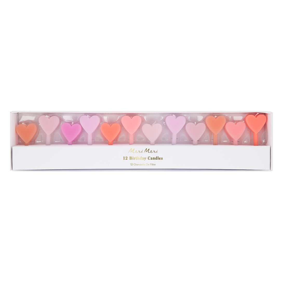 Our mini heart candles in shades of pink are great for a bridal shower cake, anniversary cake or any romantic occasion.