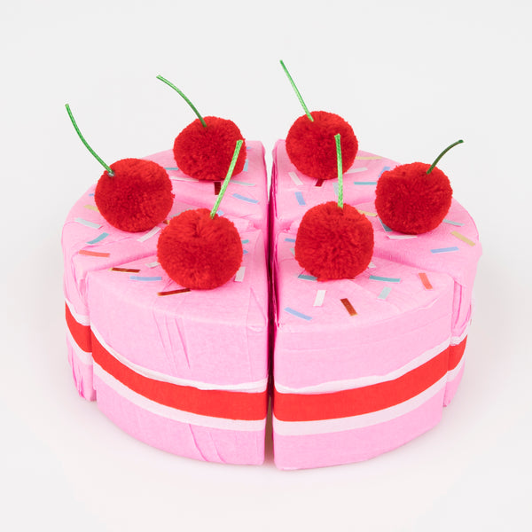 Our party favors come in the shape of cake slices, open to reveal stickers, a joke, a party  hat and an enamel cherry charm. Image2