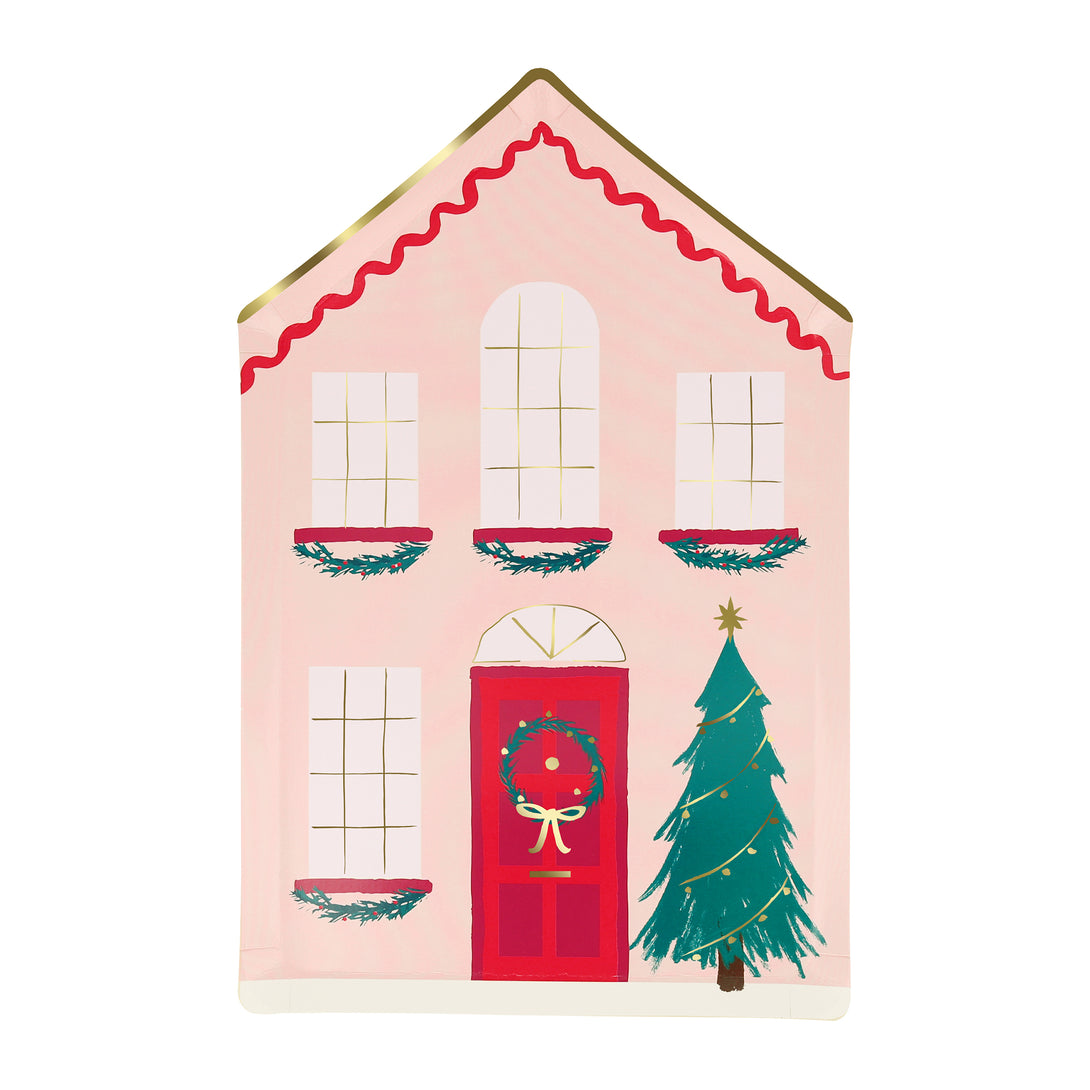 Our Christmas plates are made in the shape of houses, with a traditional wintry scene with a Christmas wreath and decorations on the tree.