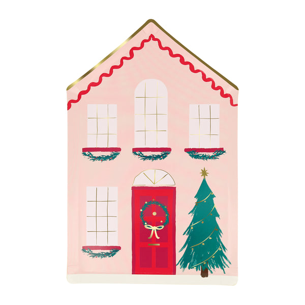 Our Christmas plates are made in the shape of houses, with a traditional wintry scene with a Christmas wreath and decorations on the tree. Image5