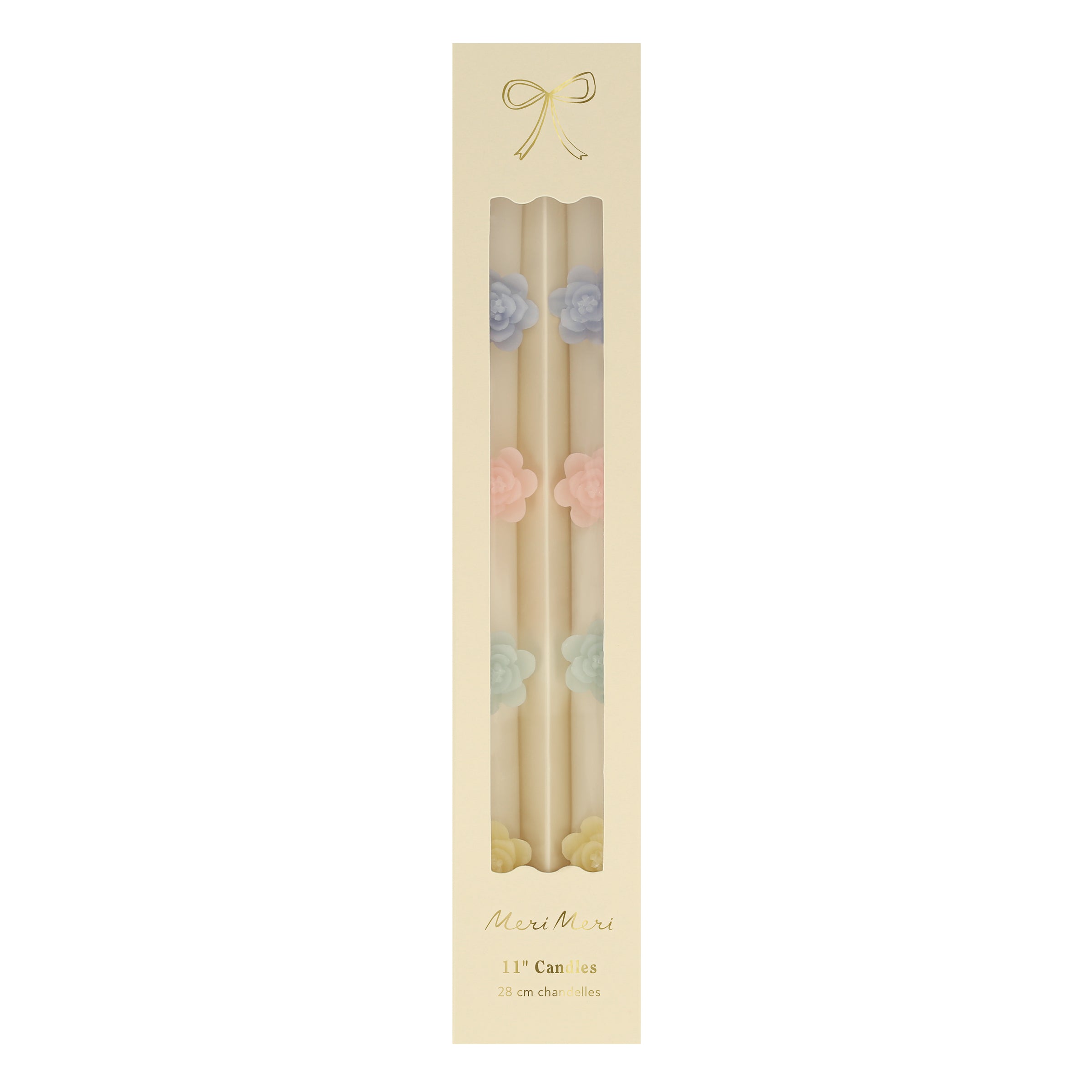 Our decorative candles are an elegant taper shape with 3D wax flowers.