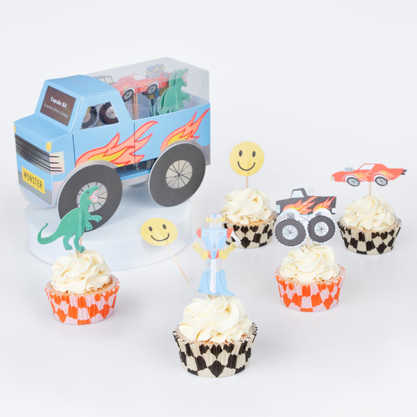 Our cupcake kit includes cool retro toy cupcake toppers and cupcake cases, perfect for a monster truck birthday party. Image3