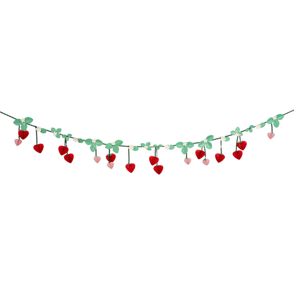 Our party garland has 3D strawberry pennants, with flowers, leaves and green ricrac ribbons, great as summer party decor. Image4