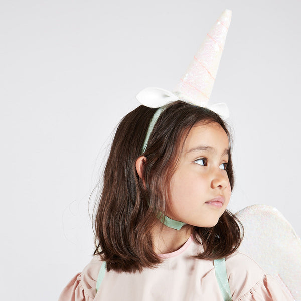 The glittery wings and unicorn headdress are crafted from pink iridescent glitter sequin fabric, with ribbon tassles. Image2