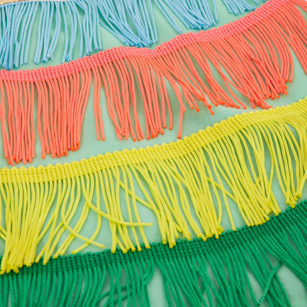Close-up of the parrot cape's fringed layers