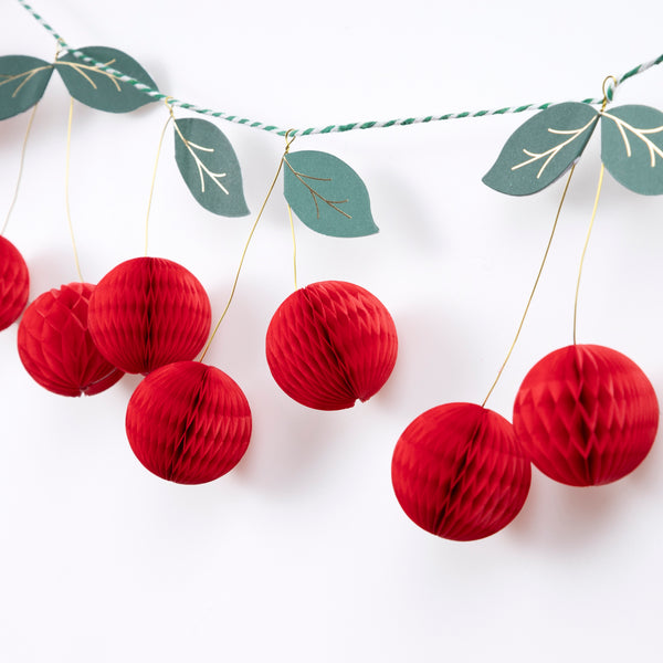 Our paper garland features 3D cherries for a vibrant look, it's perfect as a decoration for a garden party, BBQ or a retro 50s party. Image2