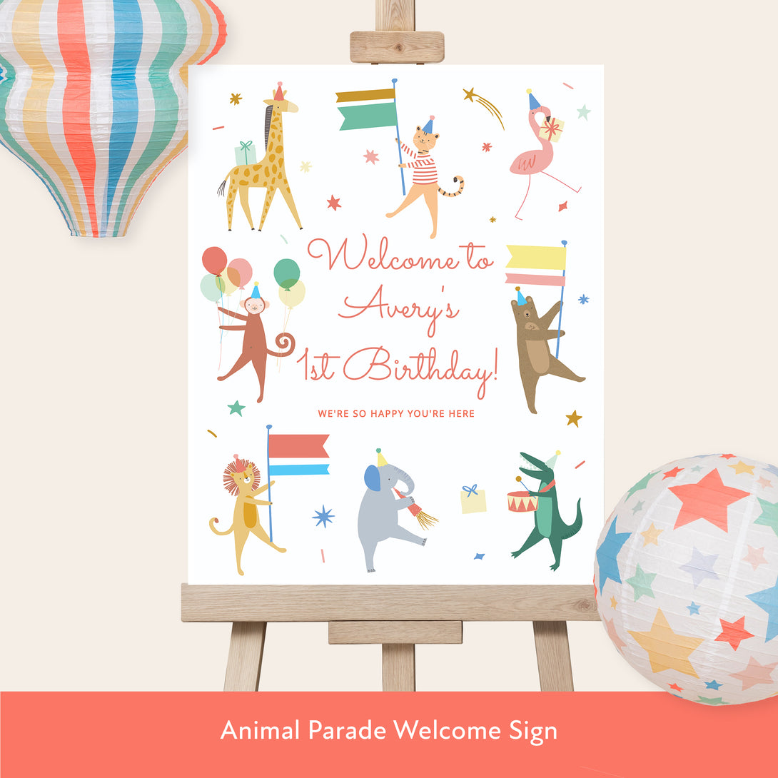 Our digital party bundle, with bright and beautiful animal illustrations, includes all you need to welcome guests to your party. Image2