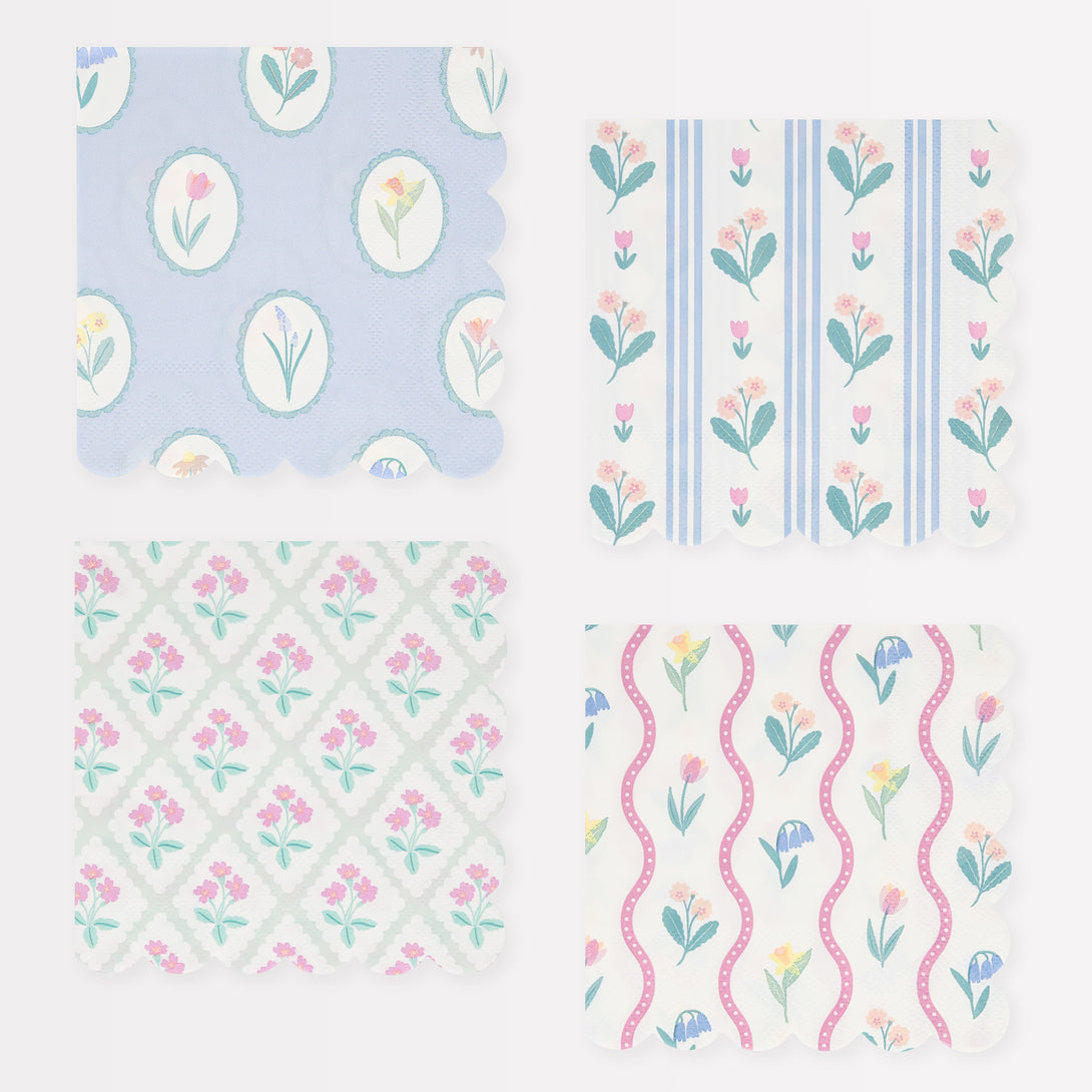 Our small napkins have floral designs in pretty pastels, perfect as garden party napkins.