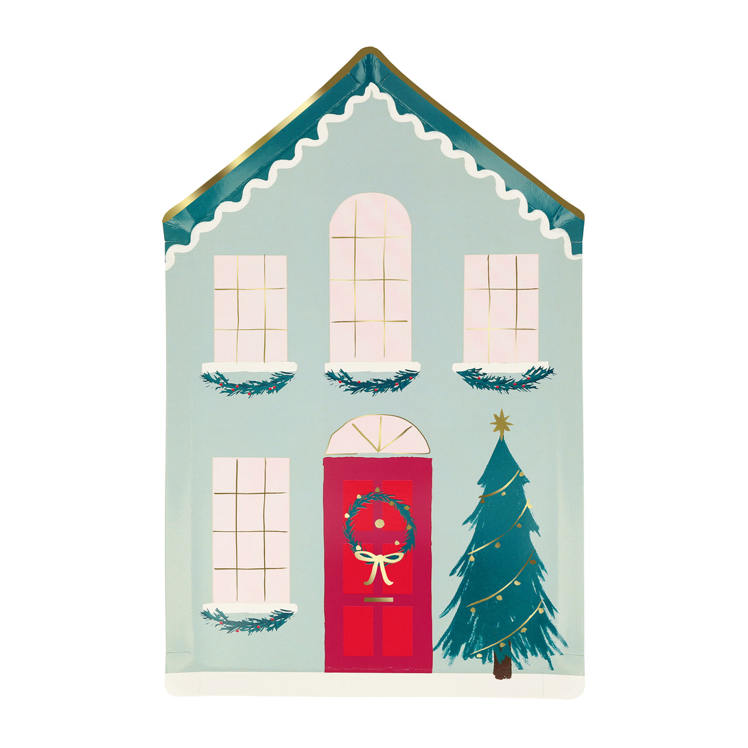 Our Christmas plates are made in the shape of houses, with a traditional wintry scene with a Christmas wreath and decorations on the tree.