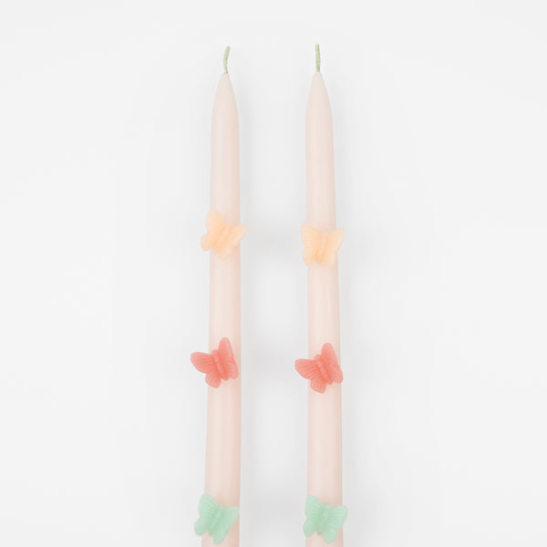 Our tall candles, in pink with colored wax butterflies, are perfect as princess party candles or fairy party candles. Image3