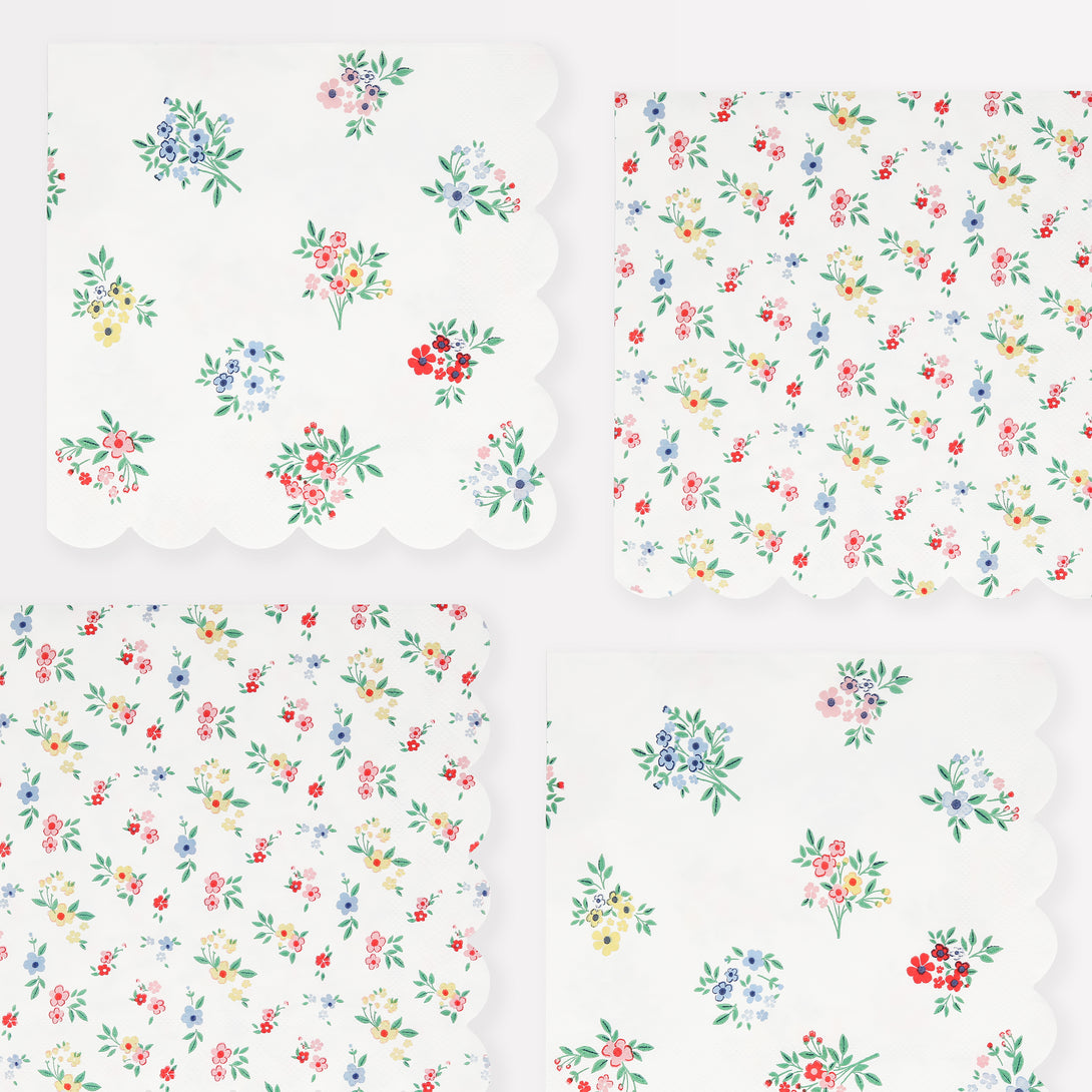 Use our large napkins, with floral designs, for table layering at your garden parties, bridal showers or as baby shower napkins.