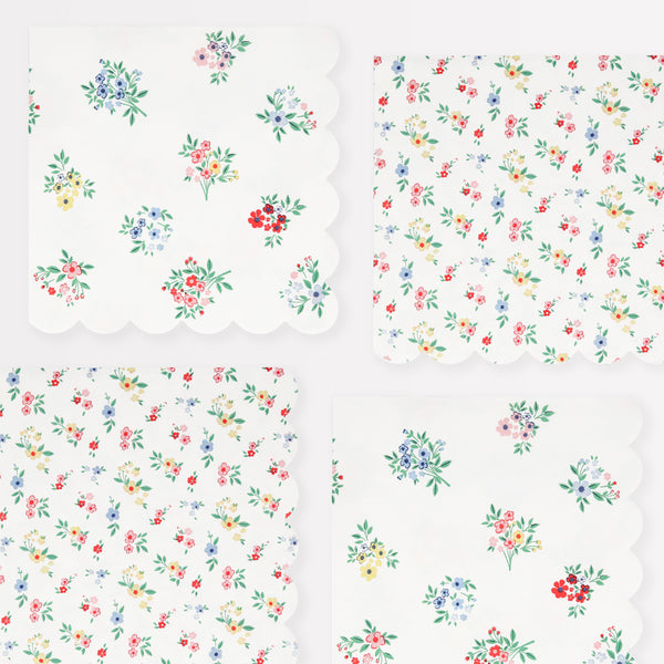 Use our large napkins, with floral designs, for table layering at your garden parties, bridal showers or as baby shower napkins.