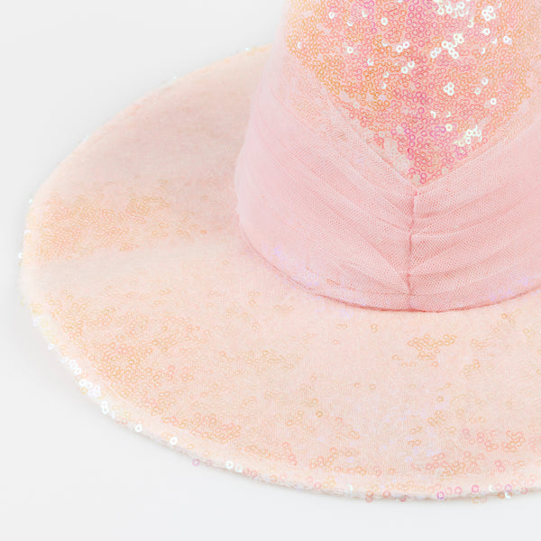 Our pink witch hat is made with iridescent pink sequin fabric and pink tulle for a shimmering, stylish Halloween costume. Image3