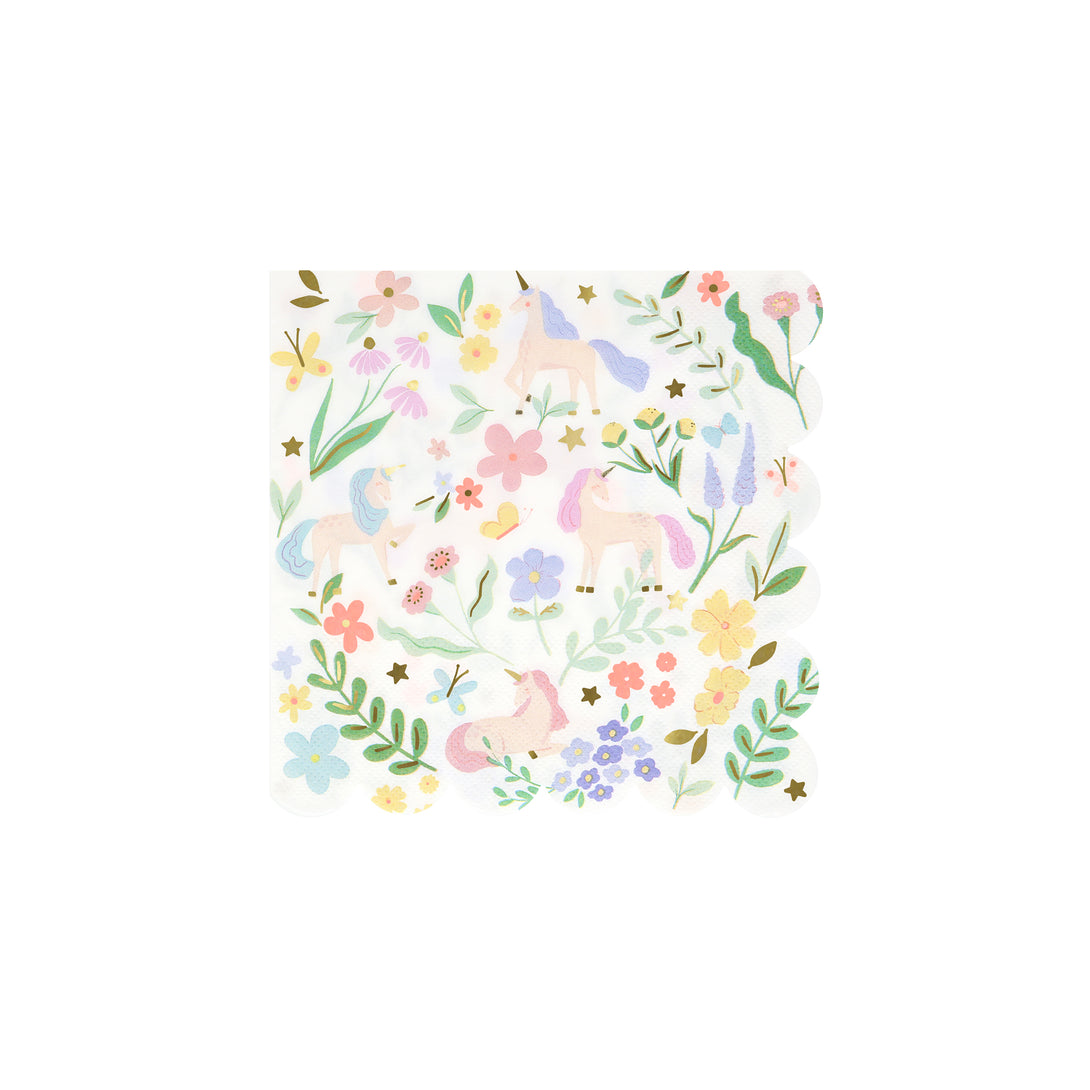 Our small unicorn napkins are crafted in pastels and shiny gold foil with pretty flower designs.