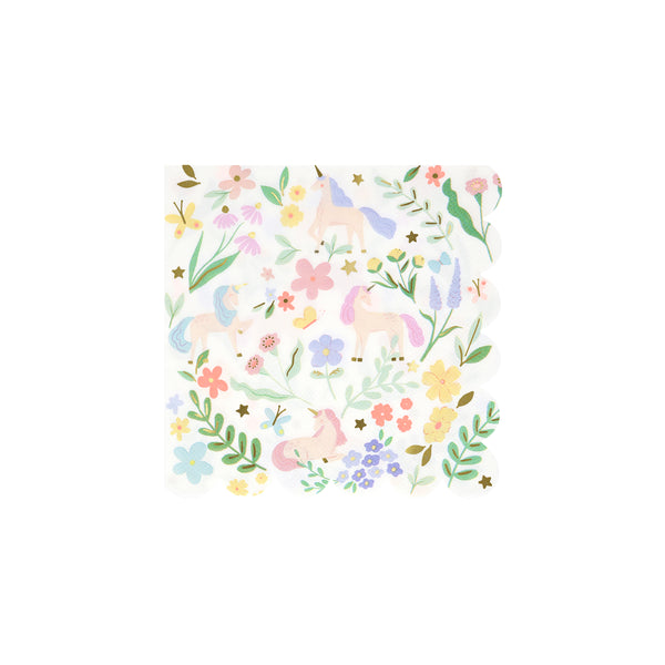 Our small unicorn napkins are crafted in pastels and shiny gold foil with pretty flower designs.