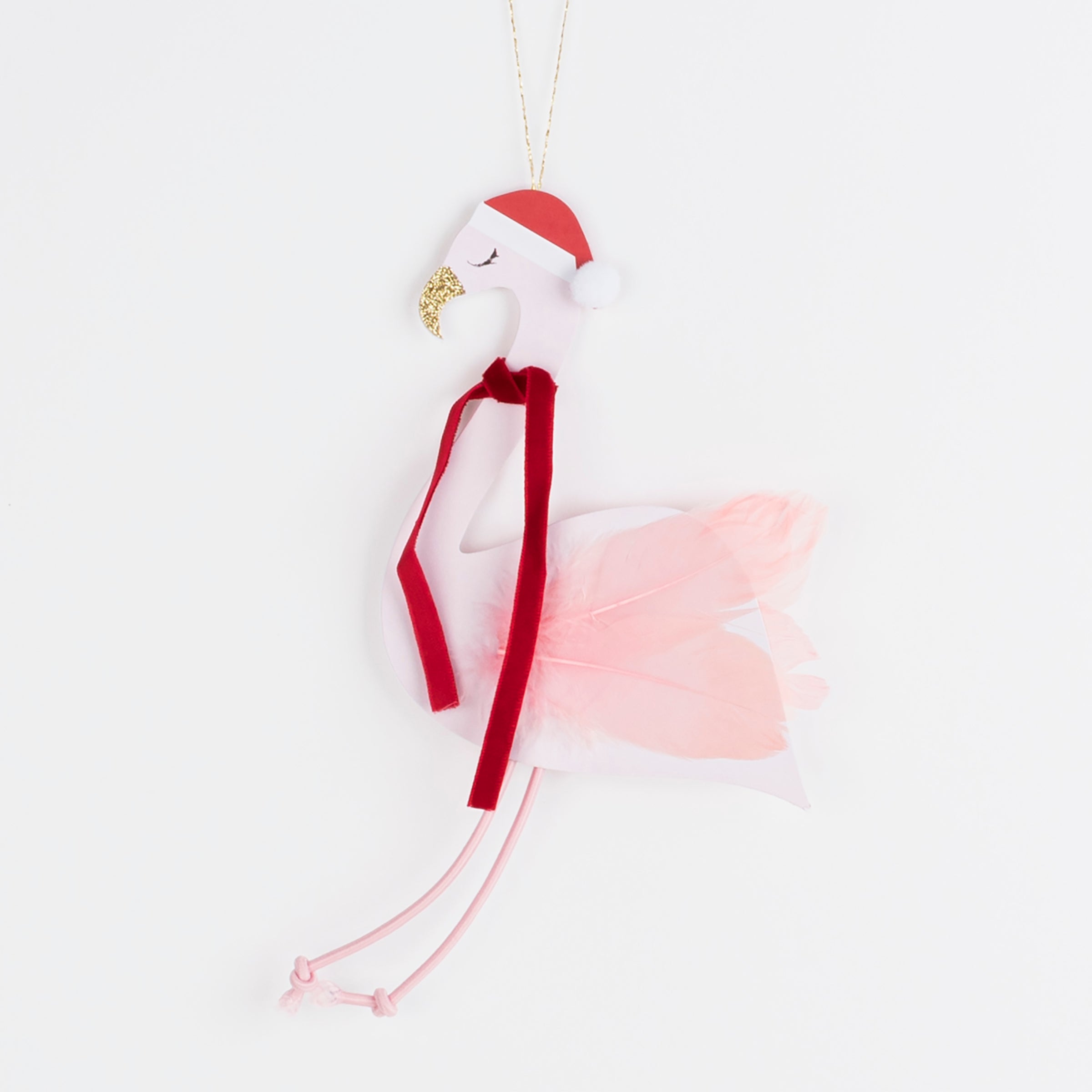 This wonderful card doubles up as a flamingo Christmas decoration, with a pompom, velvet ribbon, pink feathers and pink cord details.