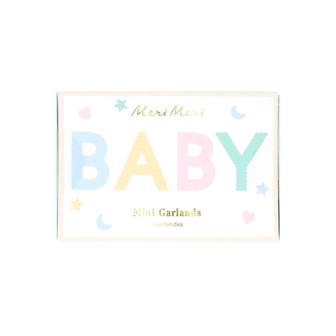 Our baby shower garland set features stars, moons, hearts and the words 'Oh Baby Baby', in pretty pastel colors.