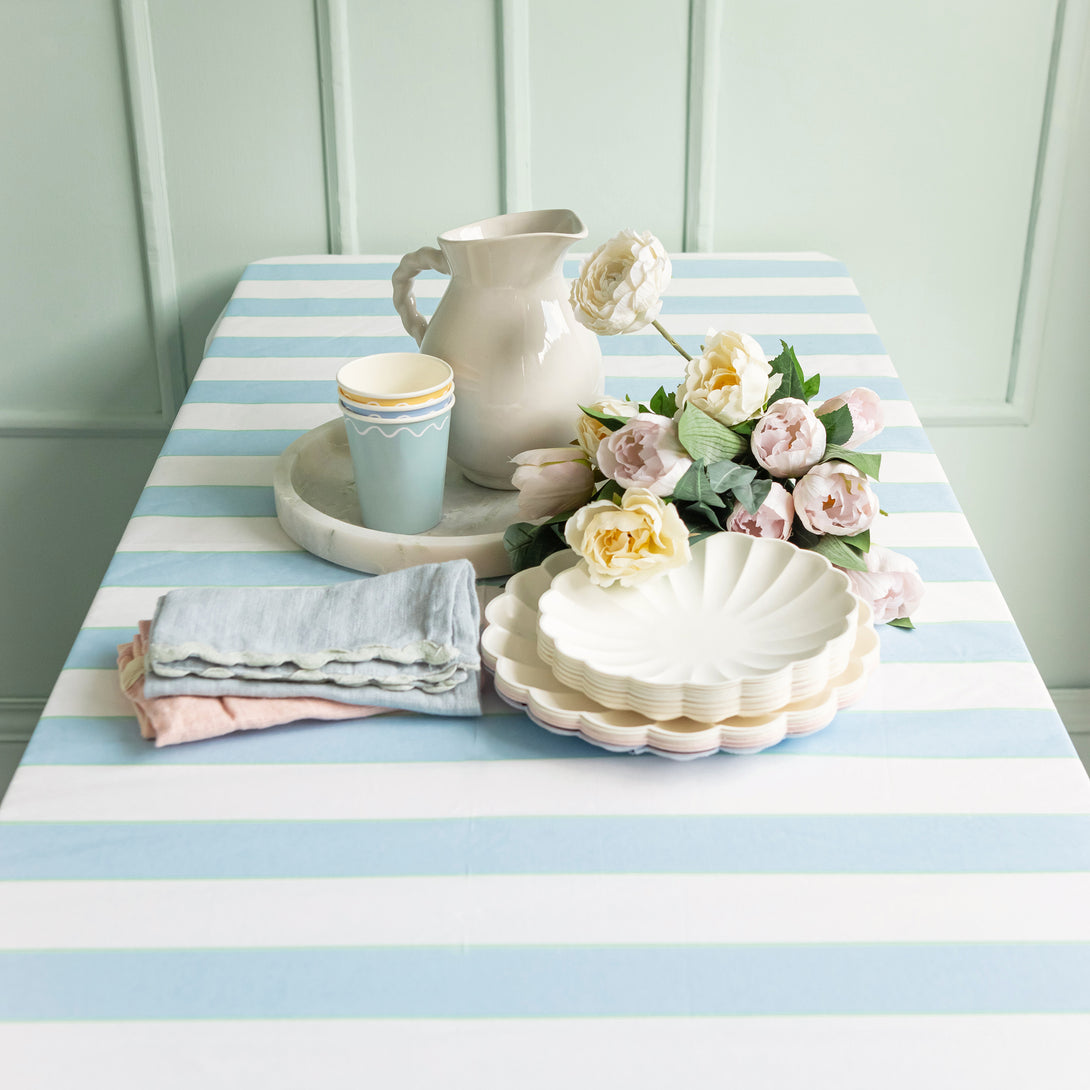 Our paper tablecloth, with a blue stripe, will make any party look stylish.