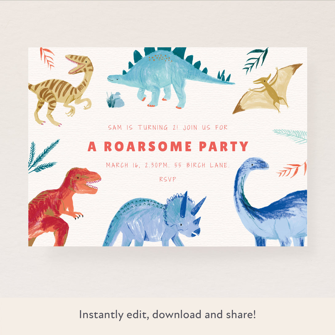 Our digital party invitations, easy to personalize and download, are ideal for your dinosaur party.