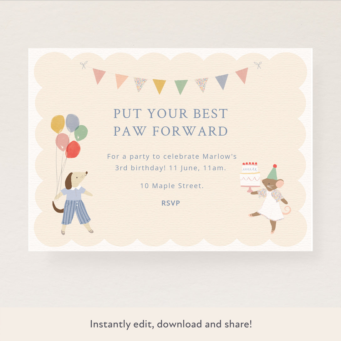 This fun Animal Friends digital party invitation is ideal for younger kids who love furry folk.