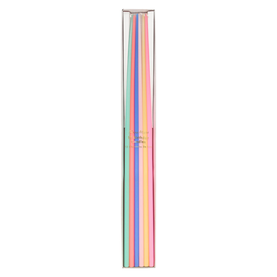 Our colorful candles, which are tall and tapered, are perfect as birthday cake candles or for any party theme.
