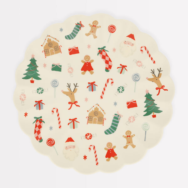 Our reusable Christmas plate has fun festive icons and a stylish scalloped edge.