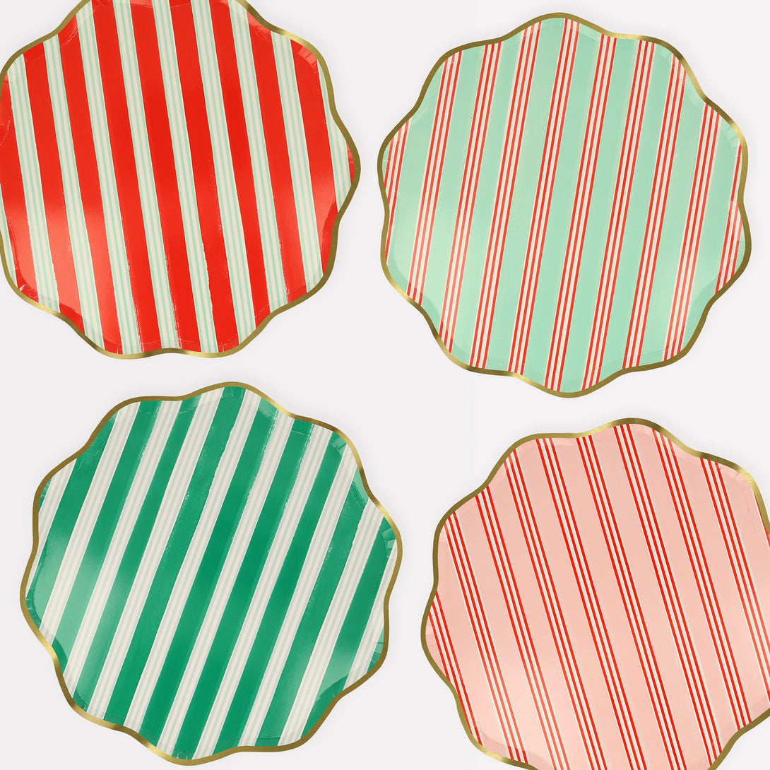 Our Christmas  paper plates feature stylish stripes in festive colors, wavy edges and shiny gold foil borders.