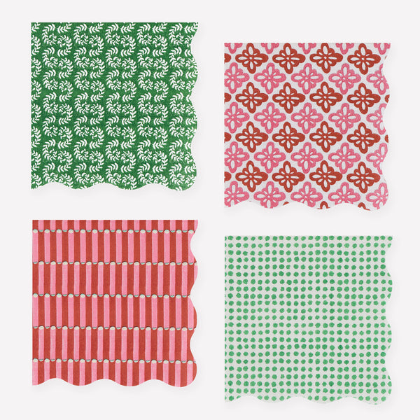 Our Christmas paper napkins, in a small size, feature Molly Mahon block print designs in seasonal colors with wavy edges for a stylish look. Image1