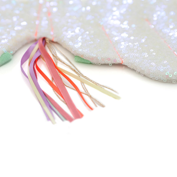 The glittery wings and unicorn headdress are crafted from pink iridescent glitter sequin fabric, with ribbon tassles. Image4