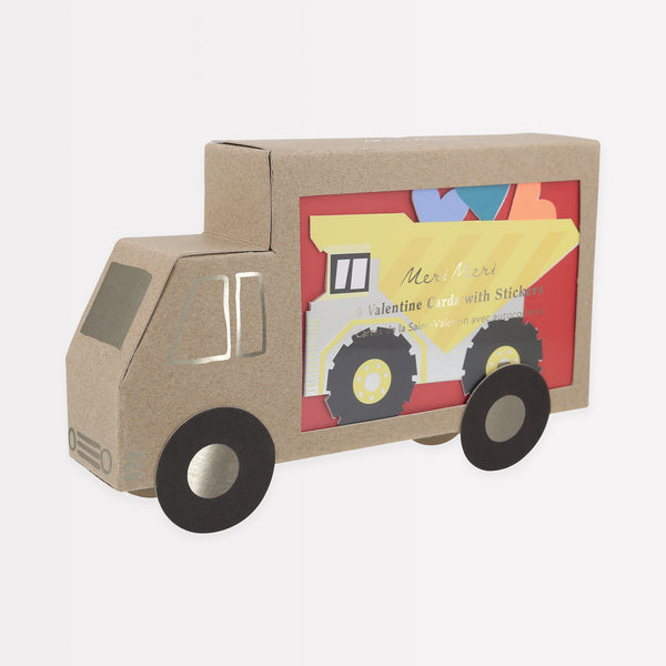 Our Valentine's cards for kids set include brightly colored trucks and Valentine's stickers.