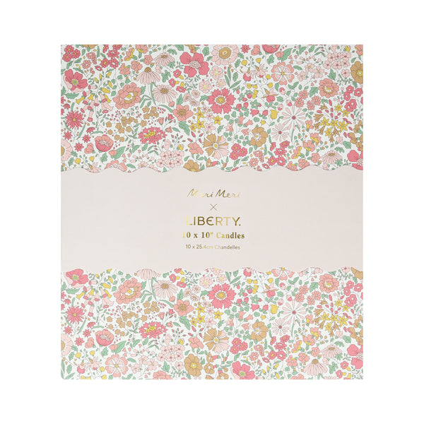 Our candle gift box includes 10 table candles in 5 soft colors, all beautifully presented in a Liberty print floral box. Image4