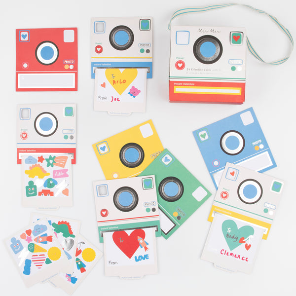 Our kids Valentines cards are designed to look like a camera and also include Valentines stickers, a fabulous Valentines gift.