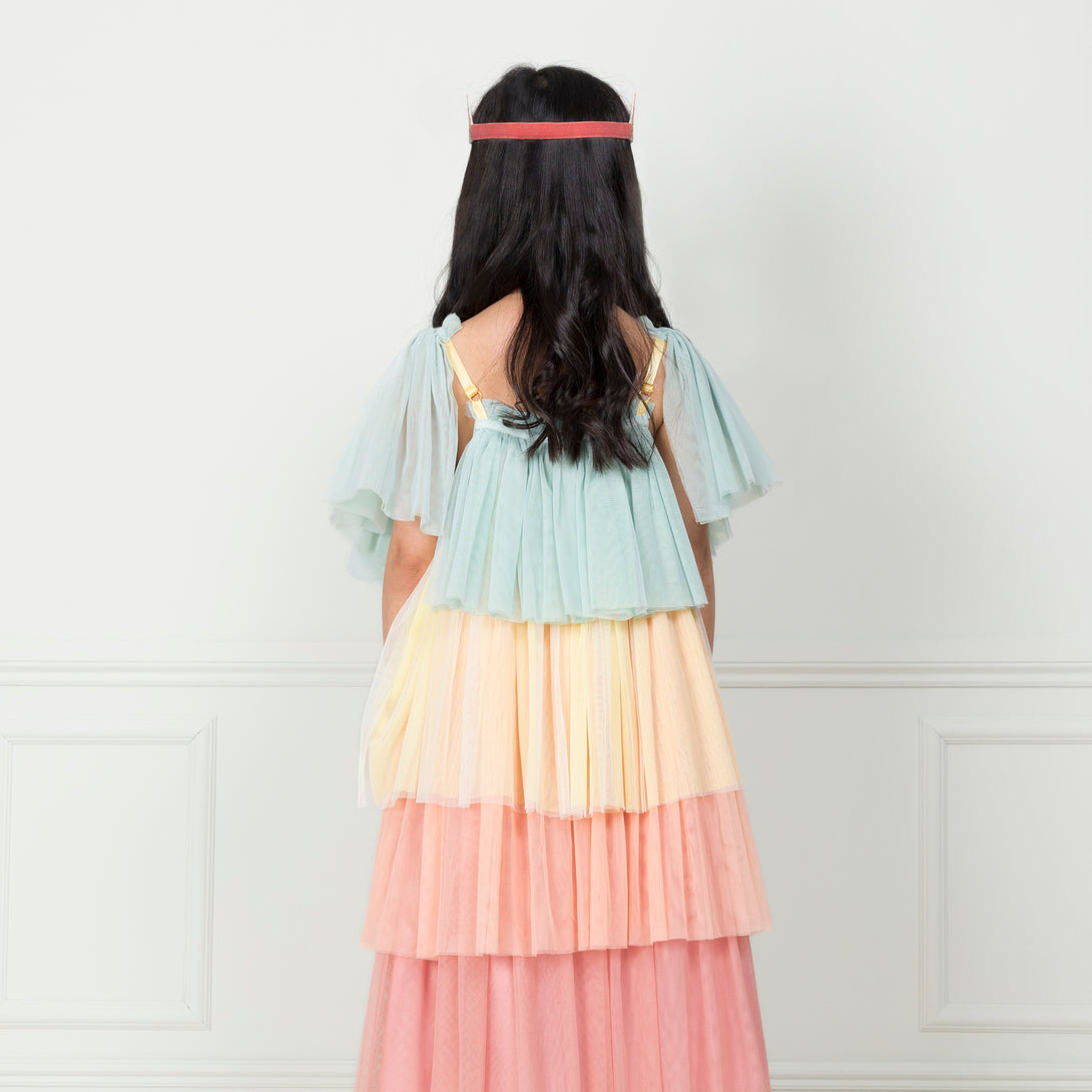 This princess costume for kids is made from colorful tulle layers and comes with a gold princess crown. Image6