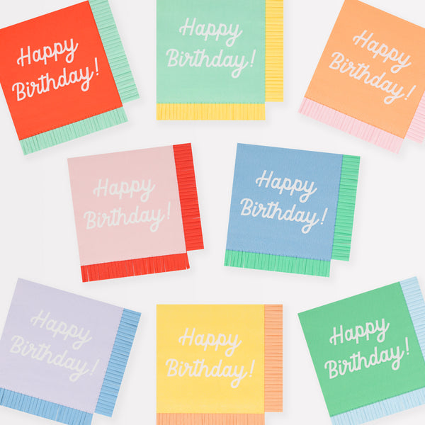 Our small paper napkins have the words Happy Birthday on them and lots of bright co-ordinating colors to look amazing on your party table.