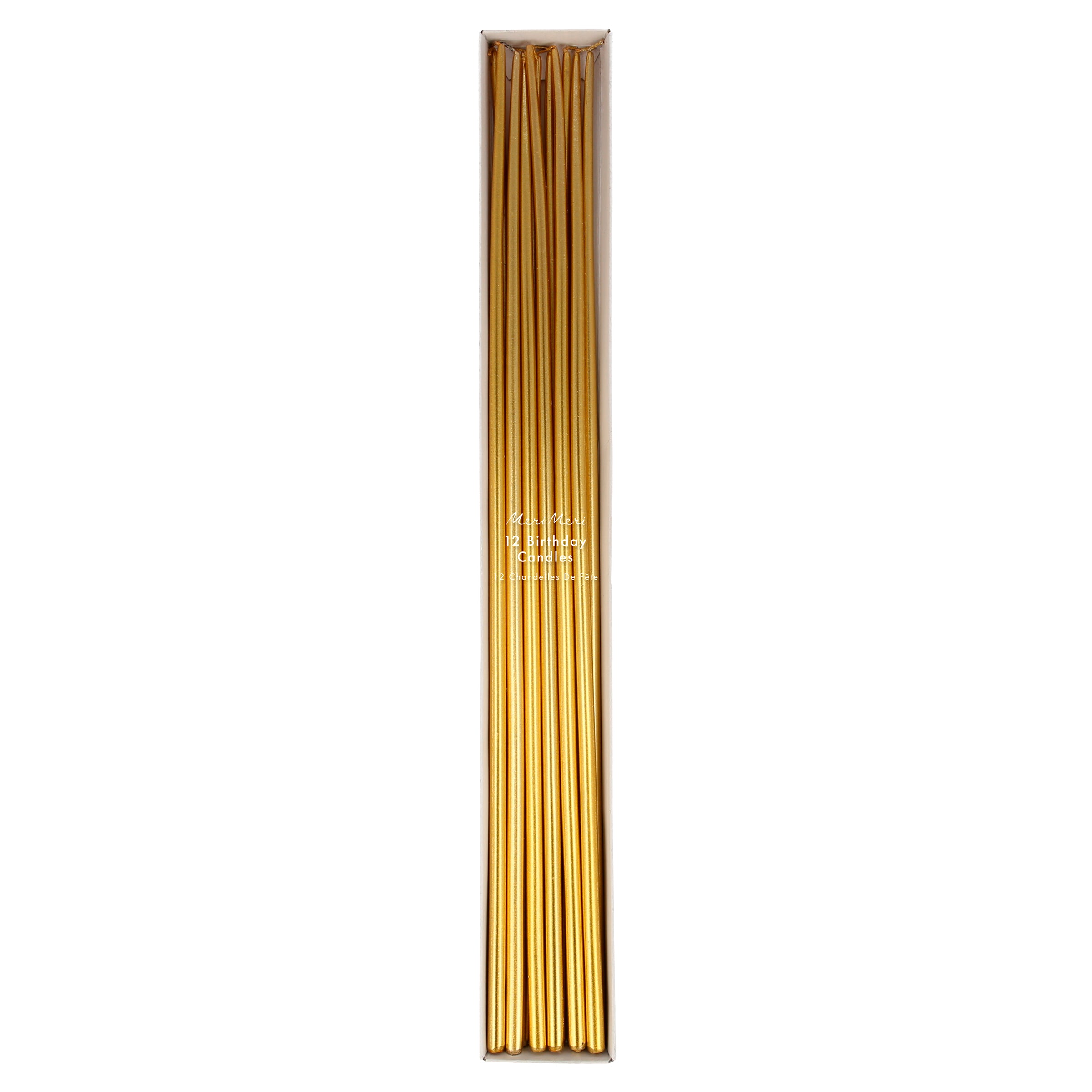 Our gold candles, with a tapered shape, are excellent as birthday cake decorations or whenever you want tall candles.