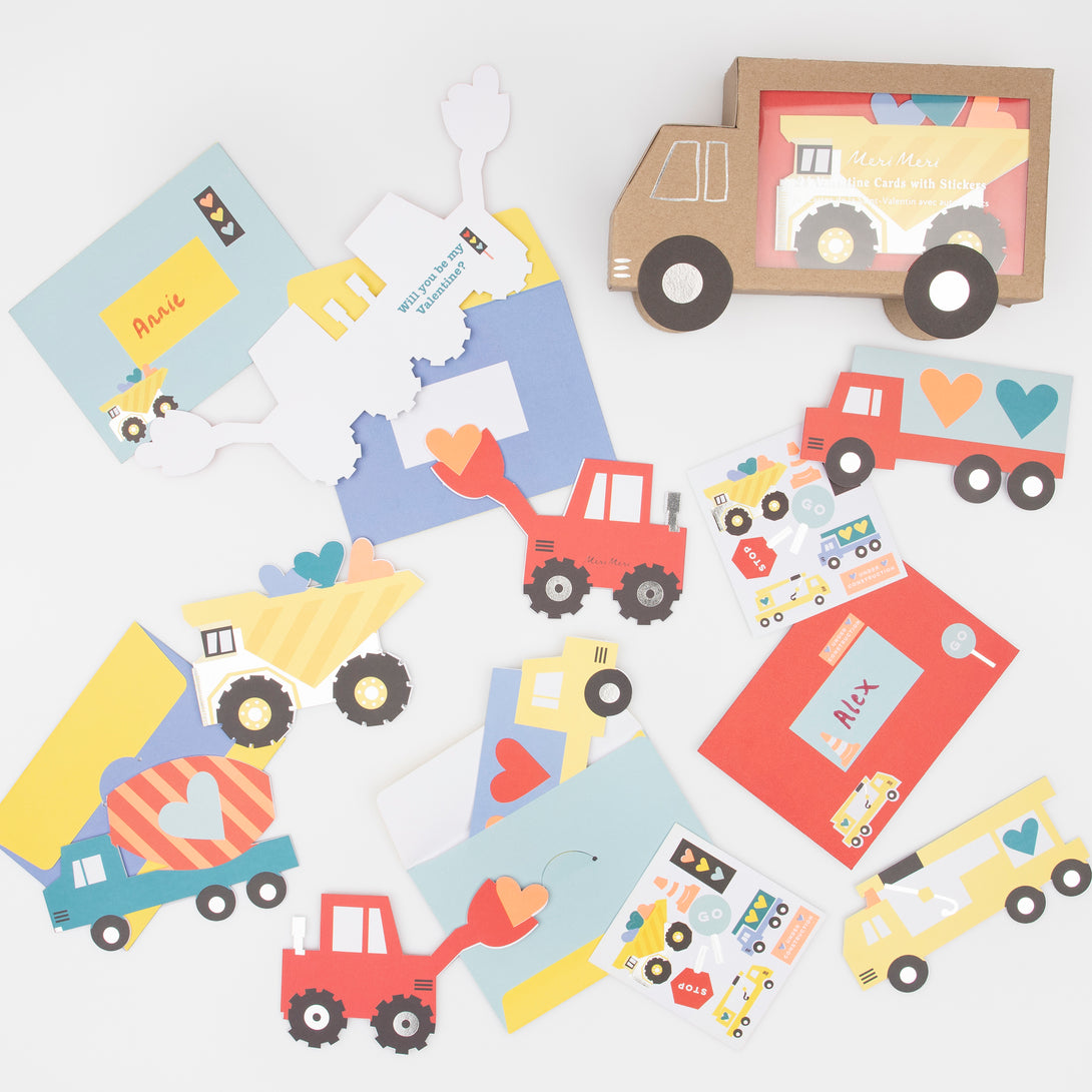 Our Valentine's cards for kids set include brightly colored trucks and Valentine's stickers.