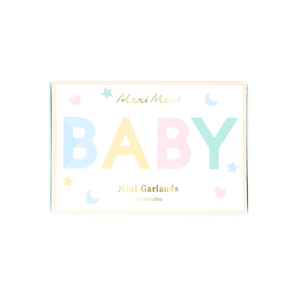 Our baby shower garland set features stars, moons, hearts and the words 'Oh Baby Baby', in pretty pastel colors. Image2
