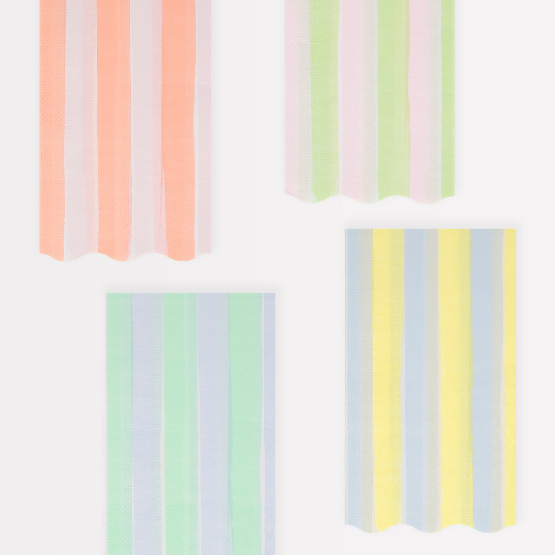 Place our guest napkins, in sensational pastel stripes, on your party table for a practical yet decorative look.