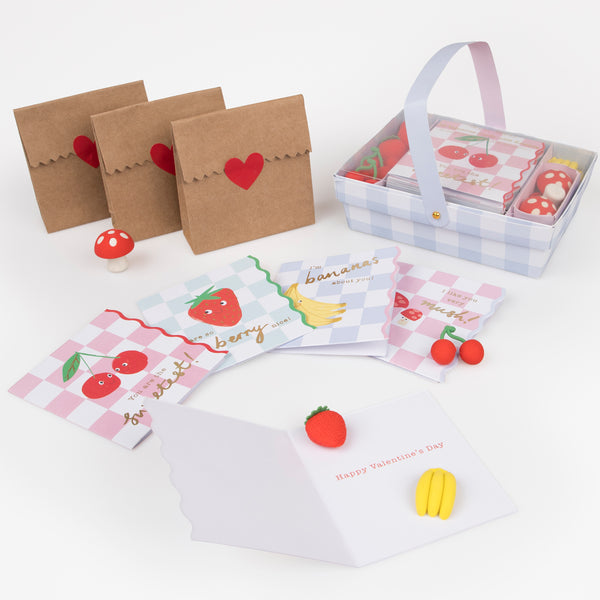 Our special Valentine's card set includes fruit-themed cards and erasers for a fun Valentine's gift.