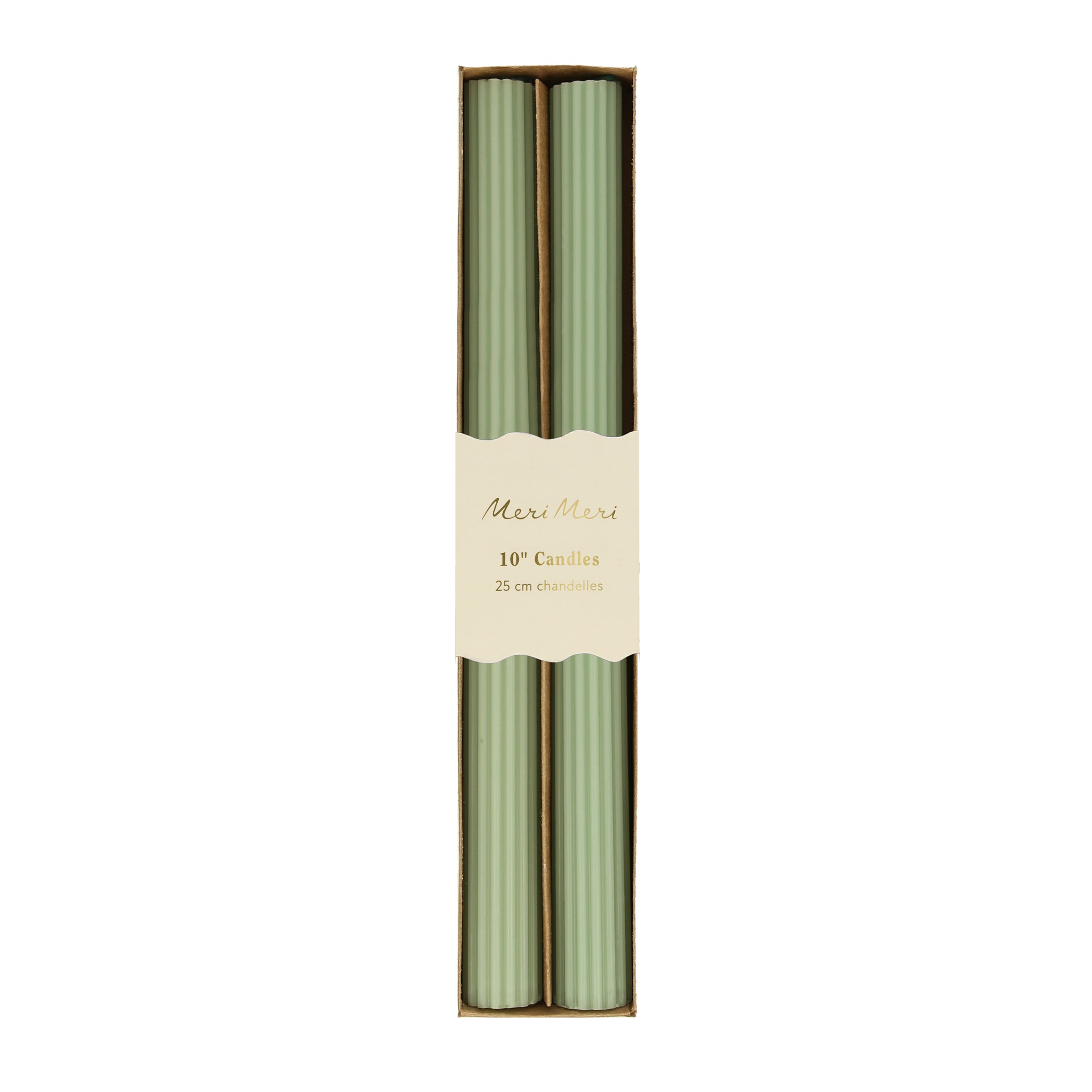 Our table candles, long with ridged details, are in a gorgeous green shade.
