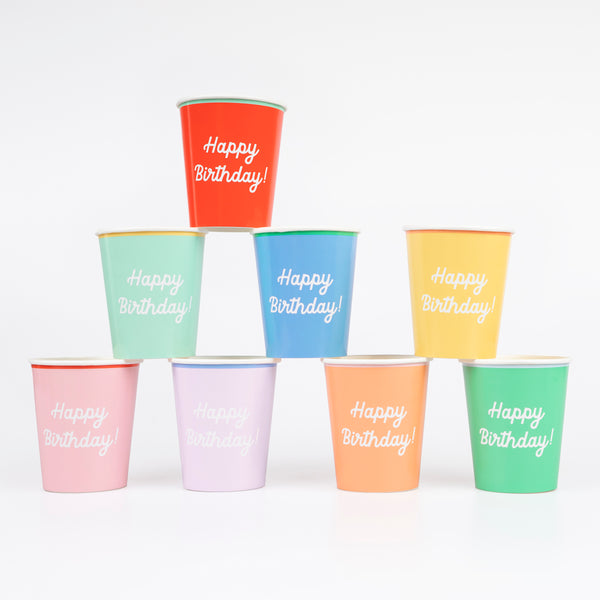 Our birthday party cups come in a rainbow of colors with the words Happy Birthday printed on the front.